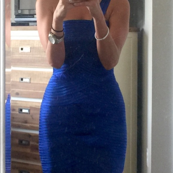 BCBG Blue Sapphire One Strap Woven Plisse Dress - Picture 2 of 8